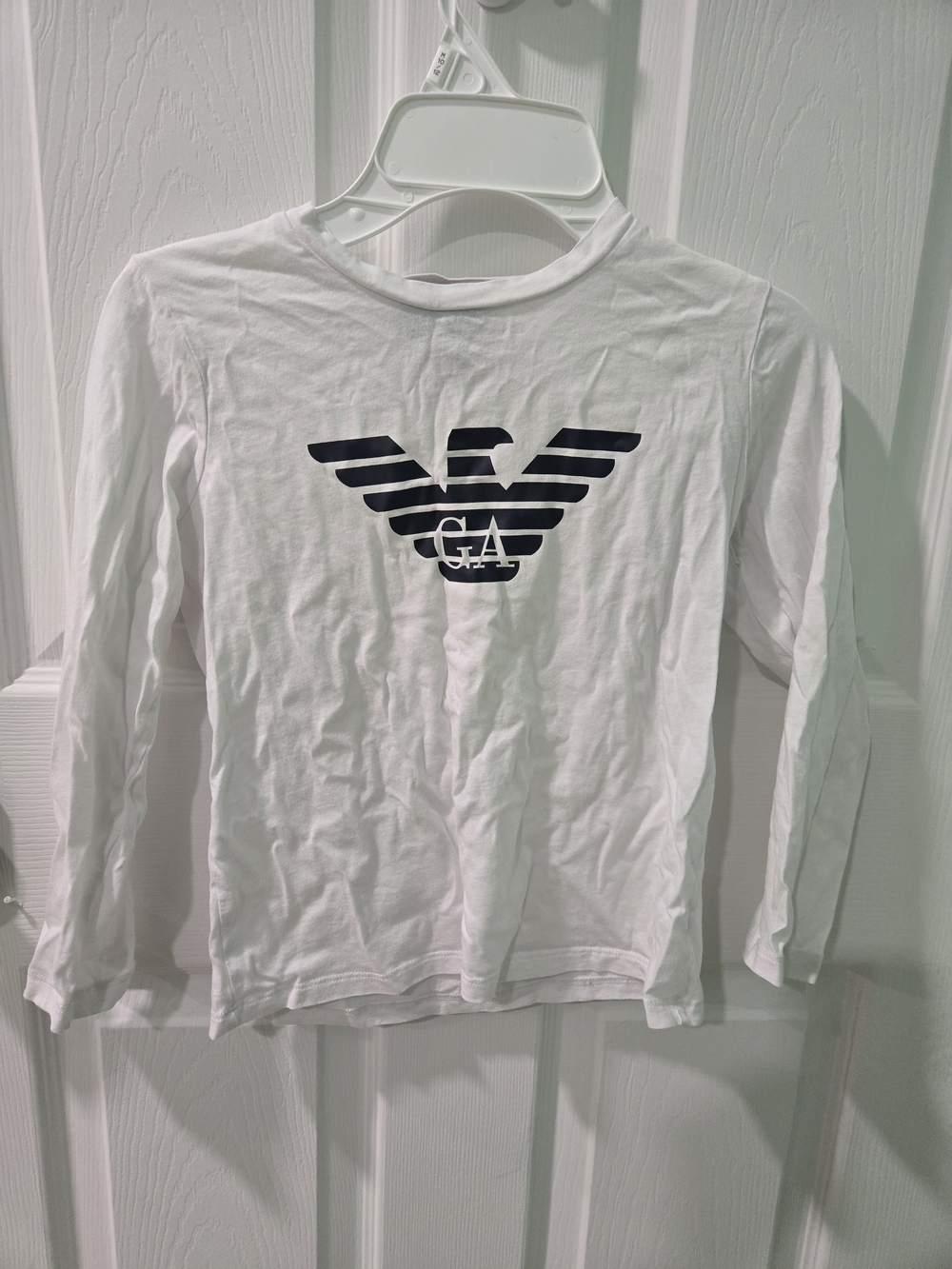 Emporio Armani White Long-Sleeve Tee with Navy Eagle Logo